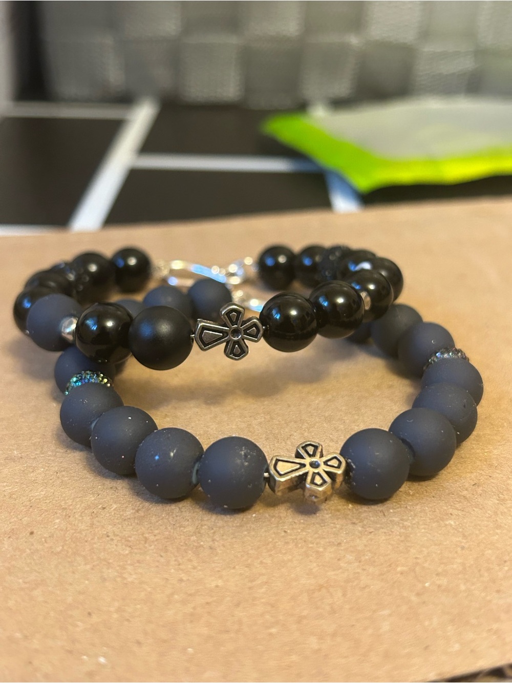 Matte Black & Onyx Cross Charm Bracelet Set